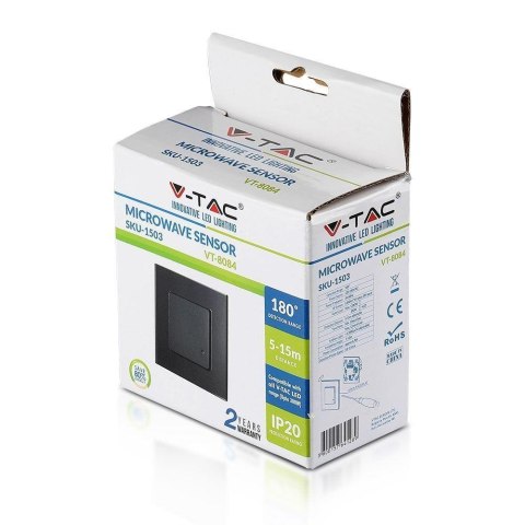Czujnik Ruchu Mikrofalowy Ścienny Podtynkowy Dopuszkowy Czarny 1200W/300W V-TAC VT-8084 5 Lat Gwarancji Czujnik Ruchu Mikrofalowy Ścienny Podtynkowy Dopuszkowy Czarny 1200W/300W V-TAC VT-8084 5 Lat Gwarancji