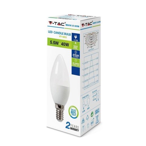 Żarówka LED V-TAC 5.5W E14 świeczka VT-1855 2700K 470lm 2 lata Gwarancji Żarówka LED V-TAC 5.5W E14 świeczka VT-1855 2700K 470lm 2 lata Gwarancji