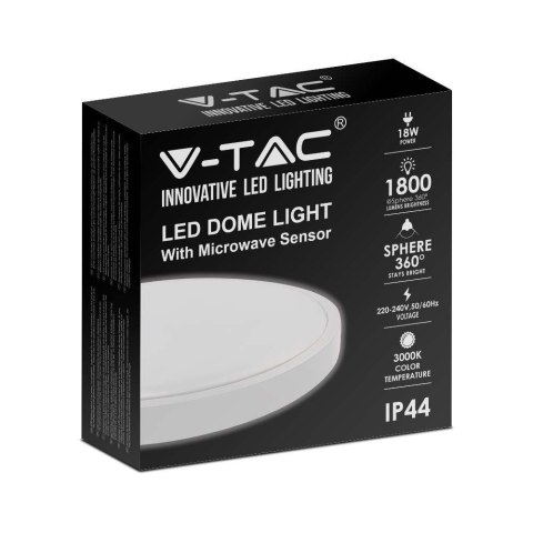 Plafon V-TAC 18W LED okrągły IP44 czujnik ruchu mikrofalowy 23cm biały VT-8618S-W-RD 3000K 1800lm 2 lata Gwarancji Plafon V-TAC 18W LED okrągły IP44 czujnik ruchu mikrofalowy 23cm biały VT-8618S-W-RD 3000K 1800lm 2 lata Gwarancji