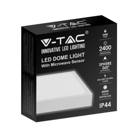Plafon V-TAC 24W LED kwadrat IP44 czujnik ruchu mikrofalowy 30x30cm biały VT-8624SW-SQ 4000K 2400lm 2 lata Gwarancji Plafon V-TAC 24W LED kwadrat IP44 czujnik ruchu mikrofalowy 30x30cm biały VT-8624SW-SQ 4000K 2400lm 2 lata Gwarancji