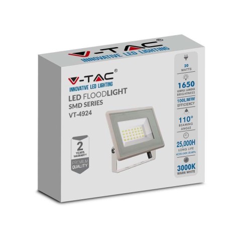 Projektor LED V-TAC 20W SMD F-class biały VT-4924-W 3000K 1650lm 2 lata Gwarancji Projektor LED V-TAC 20W SMD F-class biały VT-4924-W 3000K 1650lm 2 lata Gwarancji