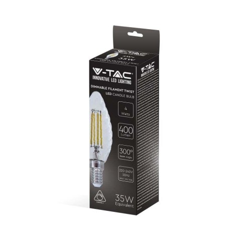 Żarówka LED V-TAC 4W filament E14 twist świeczka ściemnialna VT-1985D 3000K 400lm 2 lata Gwarancji Żarówka LED V-TAC 4W filament E14 twist świeczka ściemnialna VT-1985D 3000K 400lm 2 lata Gwarancji