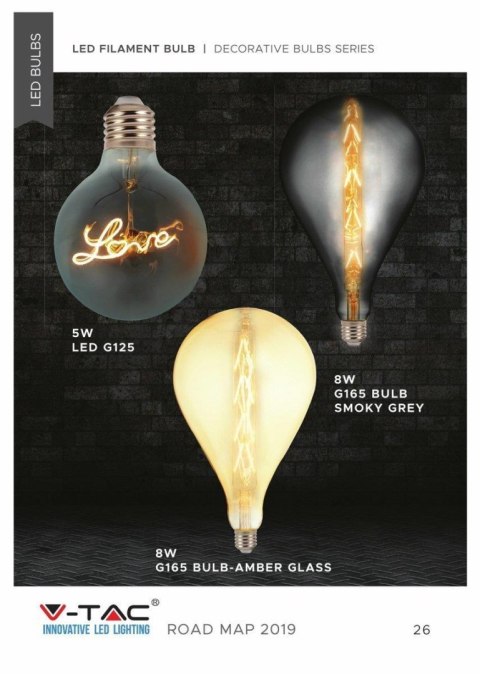 Żarówka LED V-TAC 5W E27 LOVE Filament G125 VT-2205 2200K 70lm Żarówka LED V-TAC 5W E27 LOVE Filament G125 VT-2205 2200K 70lm