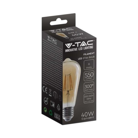 Żarówka LED V-TAC 6W E27 Filament Bursztyn Vintage ST64 VT-1966 2200K 550lm Żarówka LED V-TAC 6W E27 Filament Bursztyn Vintage ST64 VT-1966 2200K 550lm