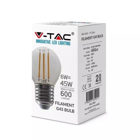 Żarówka LED V-TAC 6W Filament E27 Kulka G45 VT-2366 4000K 600lm Żarówka LED V-TAC 6W Filament E27 Kulka G45 VT-2366 4000K 600lm