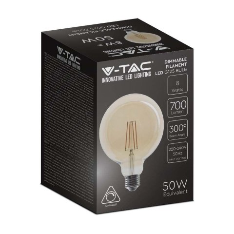 Żarówka LED V-TAC 8W Filament E27 Kula Glob G125 Bursztyn Ściemnialna 125x173mm VT-2018 2200K 700lm Żarówka LED V-TAC 8W Filament E27 Kula Glob G125 Bursztyn Ściemnialna 125x173mm VT-2018 2200K 700lm