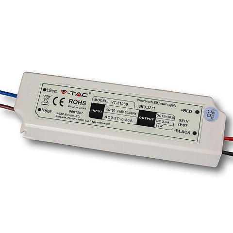 Zasilacz LED V-TAC 30W 12V 2.5A IP67 hermetyczny filtr EMI VT-21030 2 lata Gwarancji Zasilacz LED V-TAC 30W 12V 2.5A IP67 hermetyczny filtr EMI VT-21030 2 lata Gwarancji
