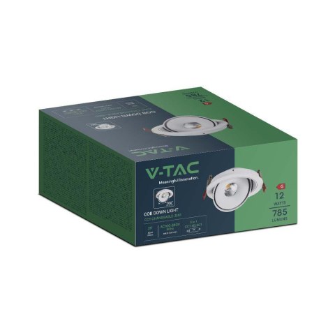 Oprawa V-TAC LED Uchylny Downlight 12W LED COB CRI90+ CCT Biała VT-2512 3000K-4000K-6400K 785lm Oprawa V-TAC LED Uchylny Downlight 12W LED COB CRI90+ CCT Biała VT-2512 3000K-4000K-6400K 785lm