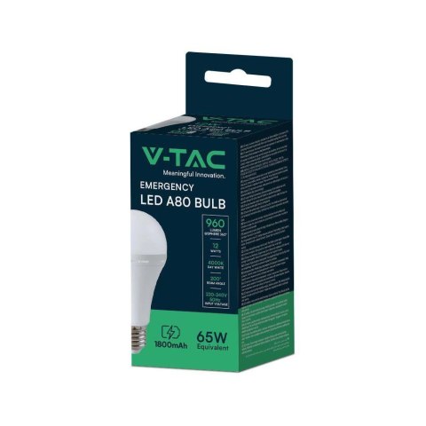 Żarówka awaryjna LED V-TAC 12W A80 E27 3-4,5h VT-51012 4000K 960lm 2 lata Gwarancji Żarówka awaryjna LED V-TAC 12W A80 E27 3-4,5h VT-51012 4000K 960lm 2 lata Gwarancji