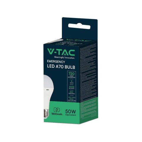 Żarówka awaryjna LED V-TAC 9W A70 E27 4,5h VT-509 4000K 720lm 2 lata Gwarancji Żarówka awaryjna LED V-TAC 9W A70 E27 4,5h VT-509 4000K 720lm 2 lata Gwarancji