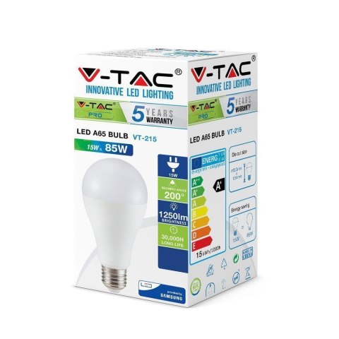 Żarówka LED V-TAC SAMSUNG CHIP 15W E27 A65 VT-215 3000K 1250lm 5 Lat Gwarancji Żarówka LED V-TAC SAMSUNG CHIP 15W E27 A65 VT-215 3000K 1250lm 5 Lat Gwarancji