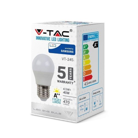 Żarówka LED V-TAC SAMSUNG CHIP 4.5W E27 Kulka G45 VT-245 4000K 470lm 5 Lat Gwarancji Żarówka LED V-TAC SAMSUNG CHIP 4.5W E27 Kulka G45 VT-245 4000K 470lm 5 Lat Gwarancji