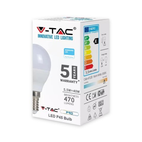 Żarówka LED V-TAC SAMSUNG CHIP 5.5W E14 P45 Kulka VT-236 3000K 470lm 5 Lat Gwarancji Żarówka LED V-TAC SAMSUNG CHIP 5.5W E14 P45 Kulka VT-236 3000K 470lm 5 Lat Gwarancji