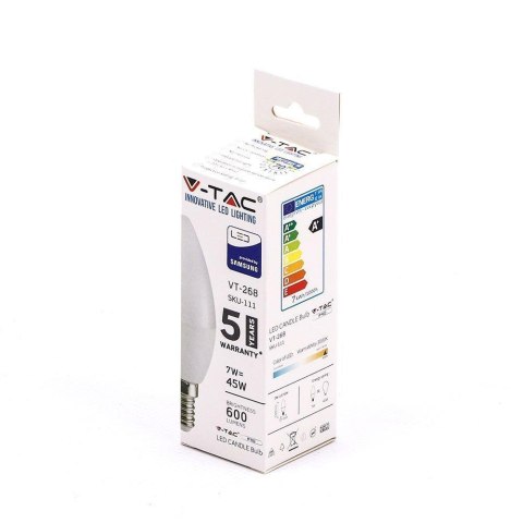 Żarówka LED V-TAC SAMSUNG CHIP 7W E14 Świeczka VT-268 3000K 600lm 5 Lat Gwarancji Żarówka LED V-TAC SAMSUNG CHIP 7W E14 Świeczka VT-268 3000K 600lm 5 Lat Gwarancji