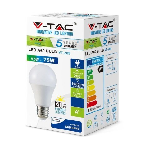 Żarówka LED V-TAC SAMSUNG CHIP 8.5W E27 A60 VT-285 6400K 1055lm 5 Lat Gwarancji Żarówka LED V-TAC SAMSUNG CHIP 8.5W E27 A60 VT-285 6400K 1055lm 5 Lat Gwarancji