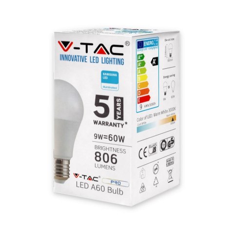 Żarówka LED V-TAC SAMSUNG CHIP 9W E27 A60 VT-210 3000K 806lm 5 Lat Gwarancji Żarówka LED V-TAC SAMSUNG CHIP 9W E27 A60 VT-210 3000K 806lm 5 Lat Gwarancji