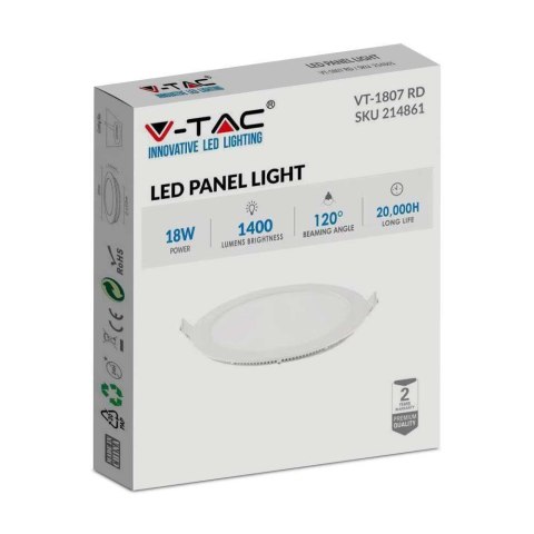 Panel LED V-TAC premium downlight 18W okrągły fi225 VT-1807 4000K 1400lm 2 lata Gwarancji Panel LED V-TAC premium downlight 18W okrągły fi225 VT-1807 4000K 1400lm 2 lata Gwarancji