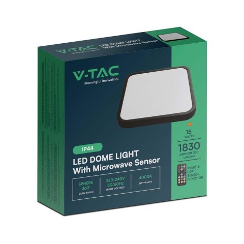 Plafon V-TAC 18W LED kwadrat 30x30cm natynkowy pilot czujnik ruchu IP44 czarny VT-8618S 4000K 1830lm 2 lata Gwarancji Plafon V-TAC 18W LED kwadrat 30x30cm natynkowy pilot czujnik ruchu IP44 czarny VT-8618S 4000K 1830lm 2 lata Gwarancji
