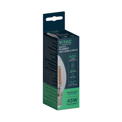 Żarówka LED V-TAC 5,5W E14 filament świeczka ściemnialna VT-21125 3000K 600lm 2 lata Gwarancji Żarówka LED V-TAC 5,5W E14 filament świeczka ściemnialna VT-21125 3000K 600lm 2 lata Gwarancji