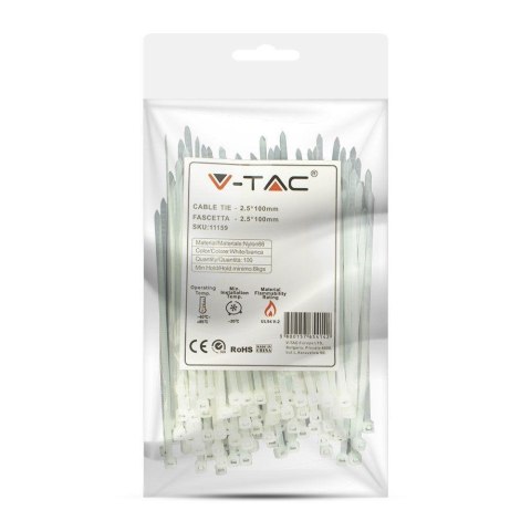Opaski Zaciskowe V-TAC 2.5x100mm Biała 8kg Nylon66 (Opak. 100szt) Opaski Zaciskowe V-TAC 2.5x100mm Biała 8kg Nylon66 (Opak. 100szt)
