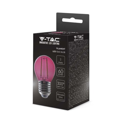 Żarówka LED V-TAC 2W Filament E27 Kulka G45 Kolor VT-2132 Kolor Różowy 60lm Żarówka LED V-TAC 2W Filament E27 Kulka G45 Kolor VT-2132 Kolor Różowy 60lm