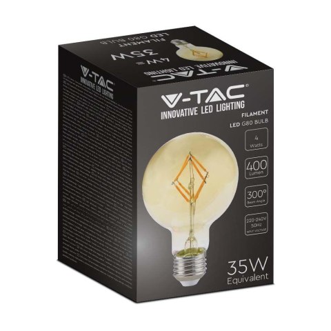 Żarówka LED V-TAC 4W filament E27 kula glob G80 bursztyn 80x120mm VT-2004-N 2200K 400lm 2 lata Gwarancji Żarówka LED V-TAC 4W filament E27 kula glob G80 bursztyn 80x120mm VT-2004-N 2200K 400lm 2 lata Gwarancji